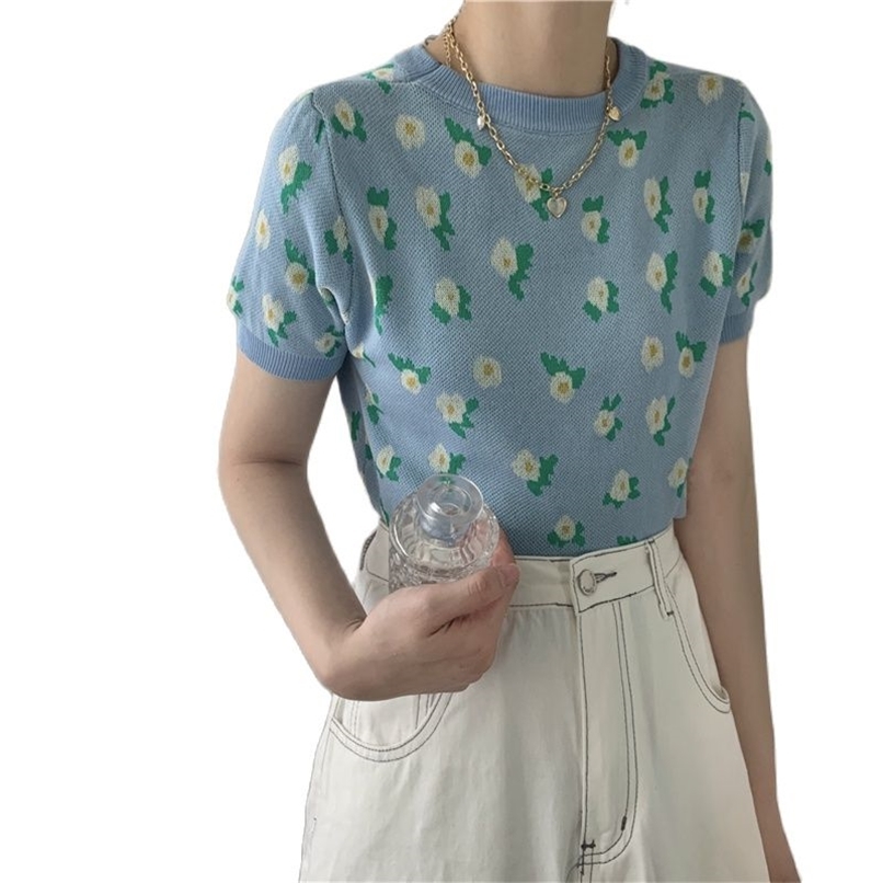 Short-sleeved top women's short hedging floral retro knit sweater summer and Korean fashion clothing 210520, Blue
Short-sleeved top women's short hedging floral retro knit sweater summer and Korean fashion clothing 210520, Blue