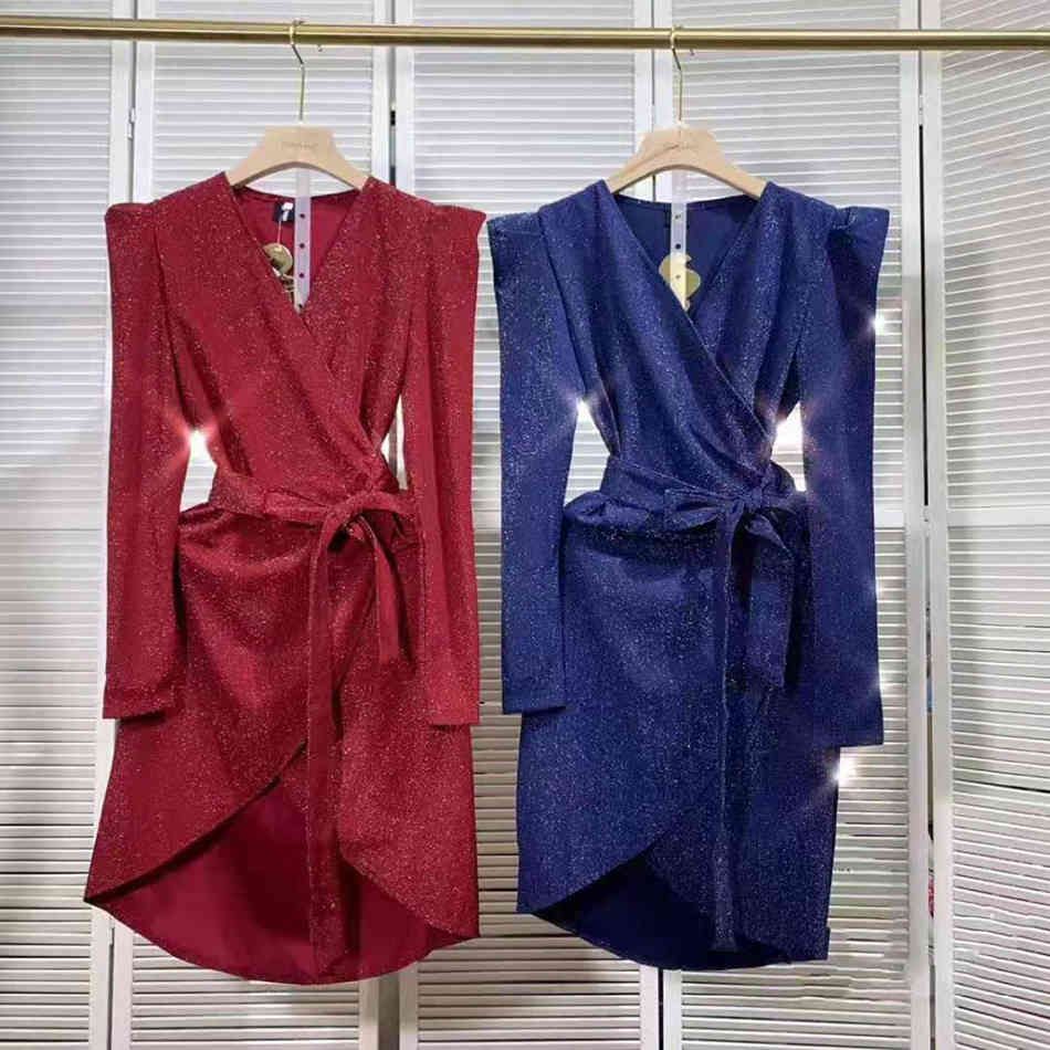 Free Women Sexy Shiny Dress V-neck Long Sleeve Bodycon Lace-Up Dresses Celebrity Club Party Irregular Vestidos 210524