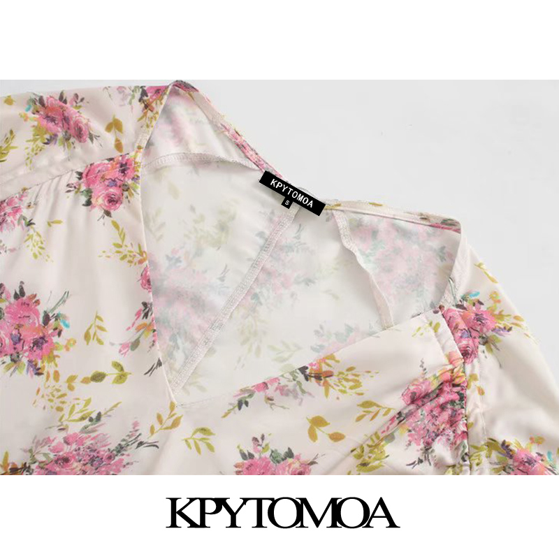 Women Chic Fashion Floral Print Midi Dress Drawstring Three Quarter Sleeve Slit Female Dresses Vestidos 210420