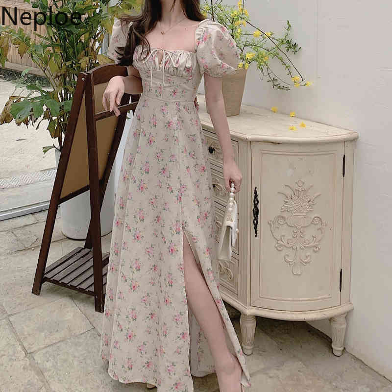 Neploe Vintage Floral Dress Women Summer Square Collar Puff Short Sleeve Maxi Dresses Sexy Off Shoulder Elegant Split Vestidos 210422
