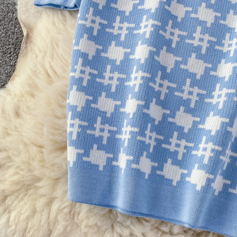 2021 Autumn winter new design womens o-neck long sleeve houndstooth grid knitted short dress