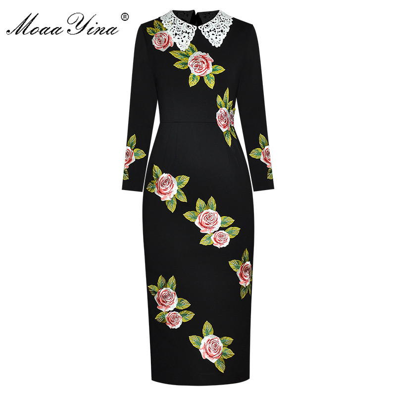 Fashion Designer dress Spring Autumn Women Dress Rose Embroidery drilling Black Vintage Slim Elegant Dresses 210524
Fashion Designer dress Spring Autumn Women Dress Rose Embroidery drilling Black Vintage Slim Elegant Dresses 210524