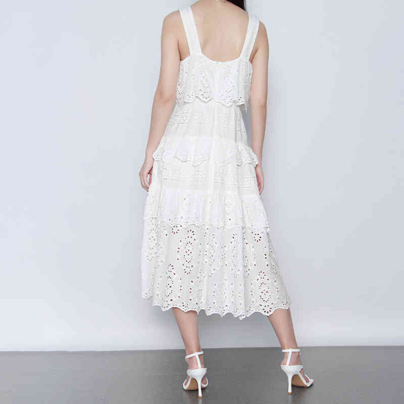 White Hollow Out Women's Dress Square Collar Sleeveless High Waist Ruched Elegant Dresses Female Clothing 210520