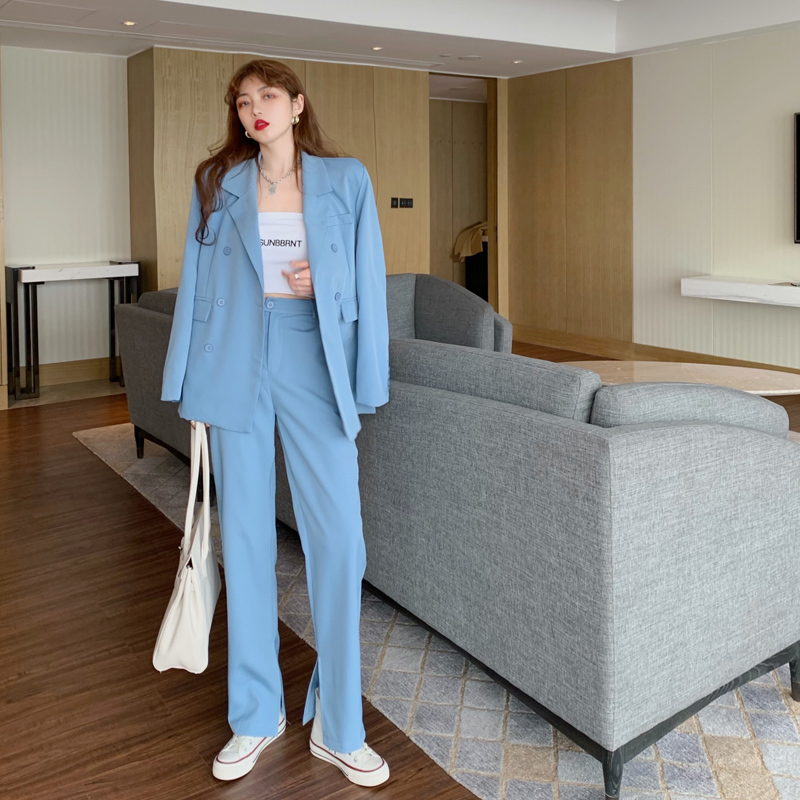 All Match OL Solid Women Retro Elegant Office Lady Blazers+ Loose Vintage Straight Trouser Suits 2 Piece Sets 210421