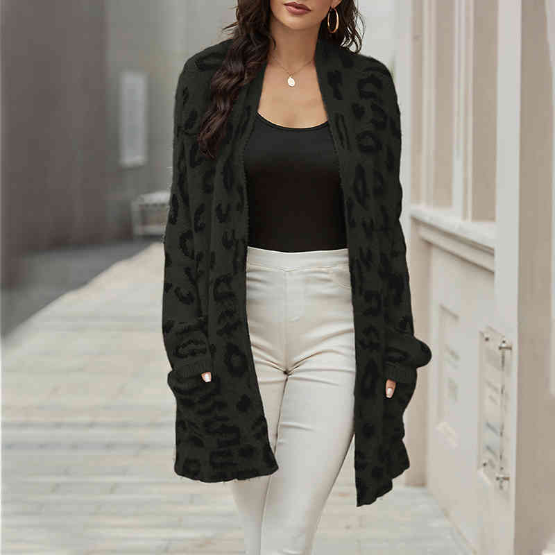 leopard print knitted long cardigans sweater women sleeve kahki vintage cardigan jumper casual office ladies outfit 210427