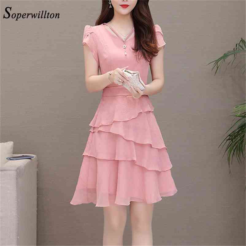 Summer Chiffon Dress Women V-Neck Solid Short Dresses Sweet Ruffle Sleeeve Slim New Casual layered Women Dress Plus Size 210409