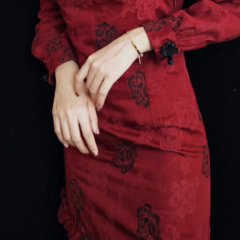 arrival Qipao Dress Women's Flower Embroidery slim hollow out sexy Asymmetric Tunic Party Prom midi Red 210421