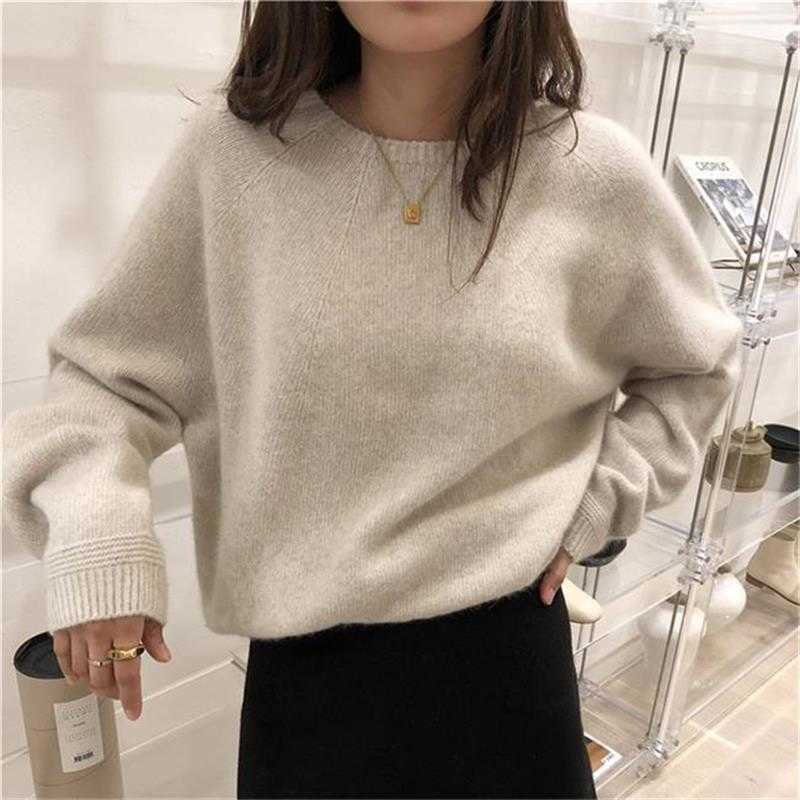 Autumn Winter Cashmere Sweater Women Fashion Round Neck Loose 100% Wool Batwing Sleeve Plus Size Pullover 211011Z