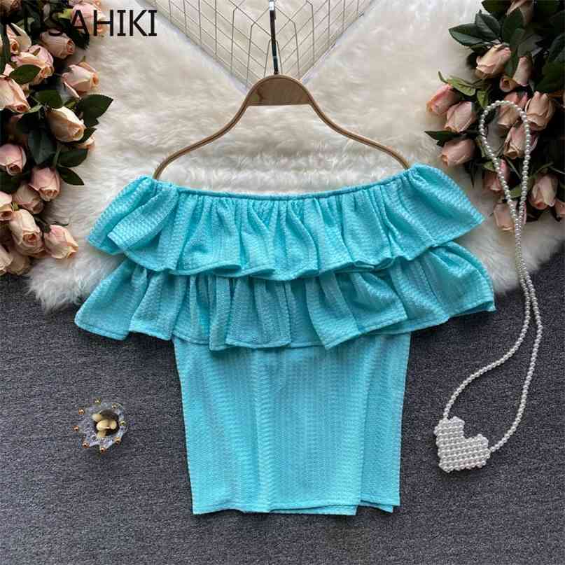 KUSHAIKI Off Shoulder Strapless Blouse Tops Causal Korean Double Ruffle Patchwork Shirt Summer Solid Blusas De Mujer 6J262 210603