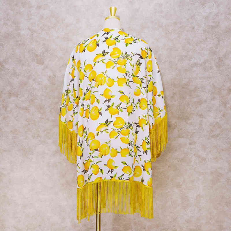 Boho Lemon Printed Fringed Chiffon Sexy Bikini Cover-ups Beach Wear Short Kimono Dress Women Summer Swimsuit Cover Up A801 210420