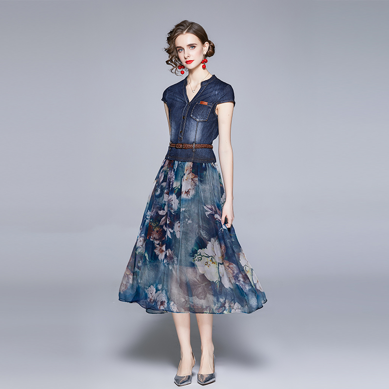 Summer Vintage Fashion Denim V-Neck Patchwork Chiffon Long Dresses Vestidos High Waist Casual Party Dress Female 210518