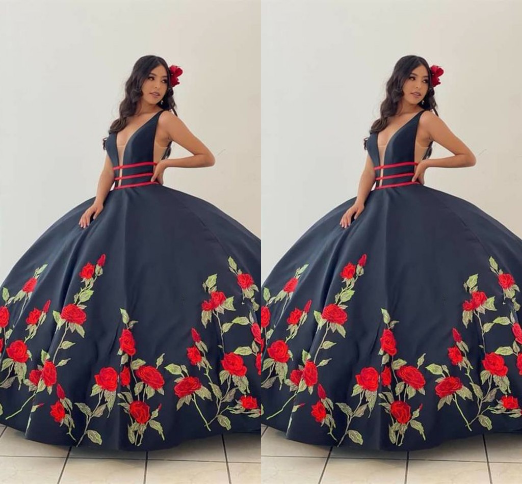 2022 Rose Flowers Embroidered Quinceanera Dresses Black Plung V-neck Cap Sleeve Prom Ball Gown Sweet 16 Dress Satin, Blue
2022 Rose Flowers Embroidered Quinceanera Dresses Black Plung V-neck Cap Sleeve Prom Ball Gown Sweet 16 Dress Satin, Blue