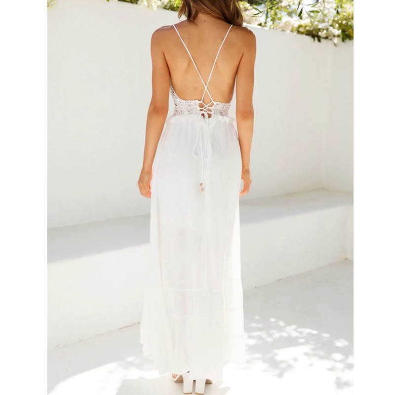 Casual Woman White V Neck Lace Cotton Long Dresses Summer Fashion Ladies Hollow Out Beach Female Backless 210515