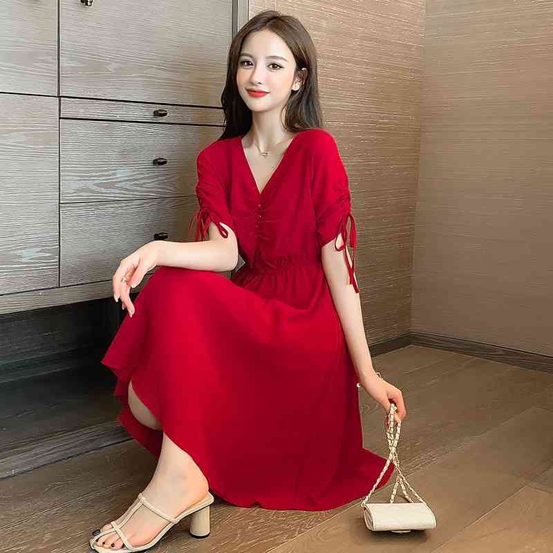 Paragraph Summer Women's Temperament Small Fresh Chiffon Dress High Waist V-neck Pile Sleeve Slim Mid Length A-line Skirt 210515