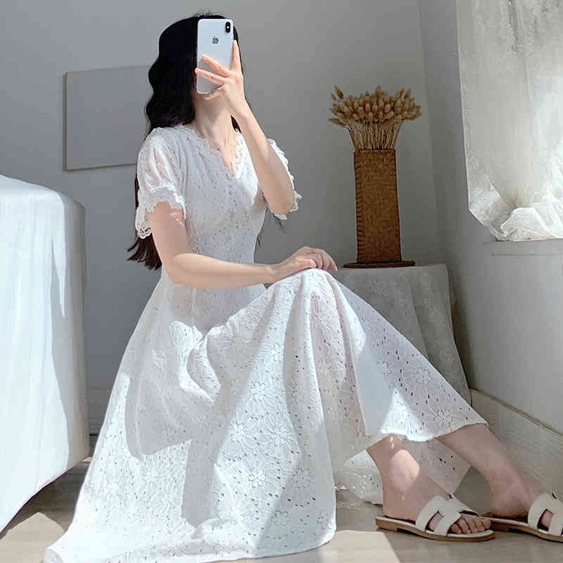 Vintage Elegant Dress Women Lace V-neck Dress Korean High Waist Evening Party Kawaii Fairy Dress Female Summer 210521