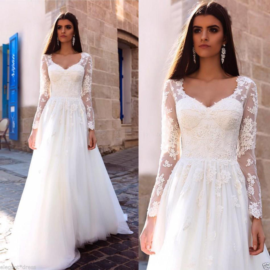 Romantic A Line Boho Beach Wedding Dress Long Sleeve Appliques Lace Tulle Flowy Bridal Gowns Summer Bohemian Bride Wedding Dresses 2022 Robe De Mariag
