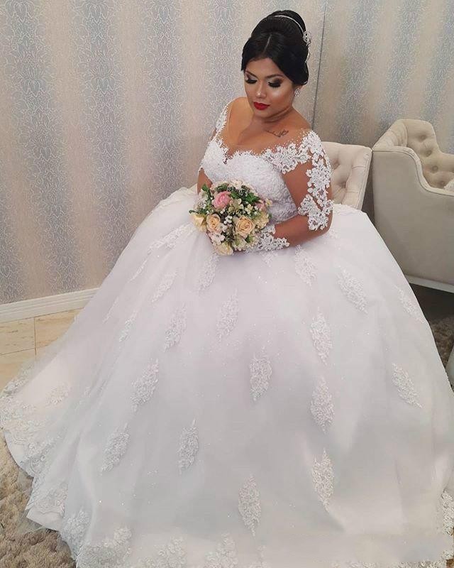 African Plus Size A Line Wedding Dresses Bridal Gowns Scoop Neck Long Sleeves Illusion Lace Appliques Crystal Beads Ball Gown Sweep Train Vestidos De 