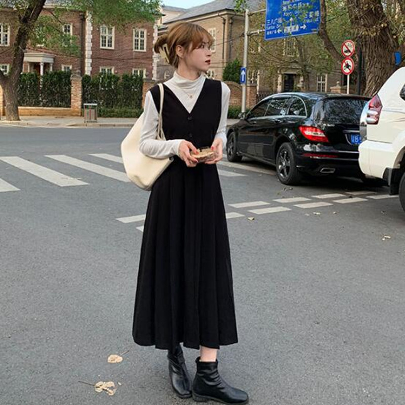 2colors long dress autumn Soild color loose spaghetti strap Sleeveless autumn dress womens pleated dresses (X1642) 210423