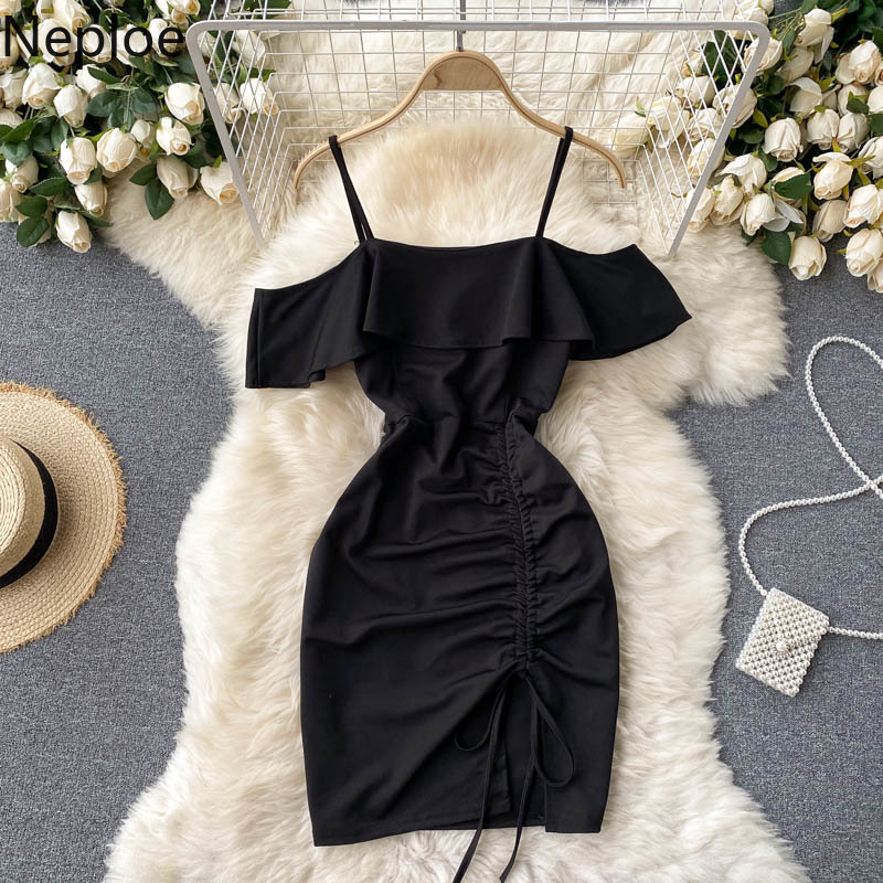 Neploe Off Shoulder Ruffle Mini Dress Women Summer Sexy Slash Neck Slim Waist Sling Dresses Bodycon Drawstring Vestidos 210422