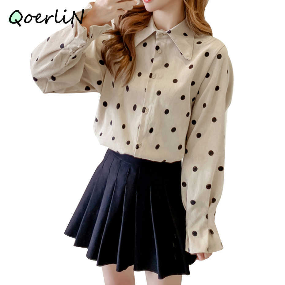 S-2XL Corduroy Winter Jacket Women Autumn Lapel Single-breasted Polka Dot Long Sleeve Shirt Female Blouse Coat Plus Size 210601