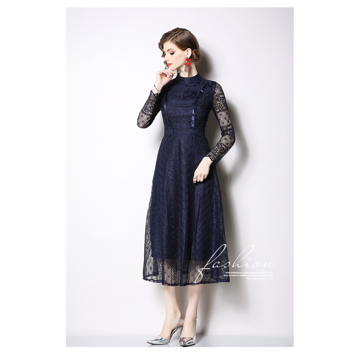 Spring Sexy Elegant Hollow Out Lace Dress Women Stand Collar Casual A-line Dresses Wear To Work Vestidos Black Blue 3xl 210515