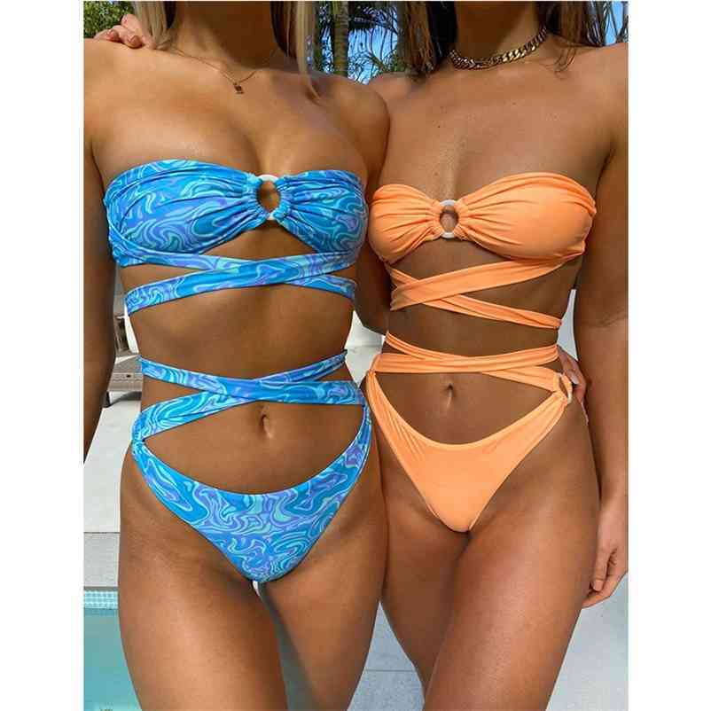 MYTENG Wrap Around Cross Straps 2 Piece Set Bikini Swimsuit Printed High Cut Swimwear Women Sexy Bandeau Beach Wear Biquini 210522