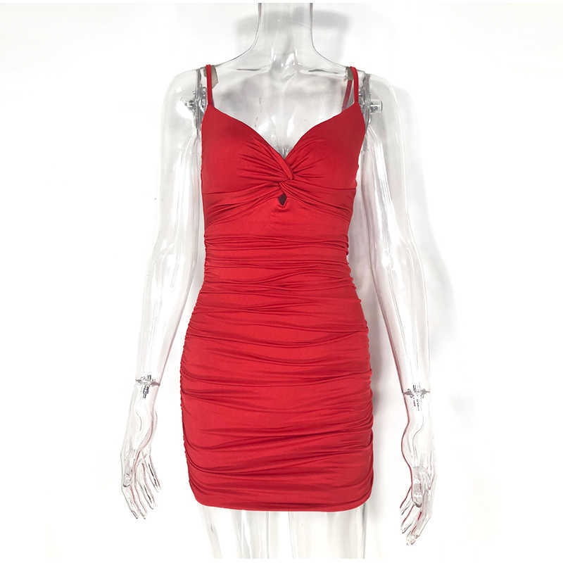 Colysmo 2 Layers Sexy Party Dress Women Summer Deep V-neck Spaghetti Straps Pleated Bodycon Chest Twisted Beach 210527