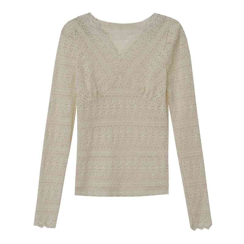 Fashion Spring See Through Top Women Sexy Shirt Lace Hollow Out Solid V-Neck Balck Long Sleeve Tops 7908 50 210415