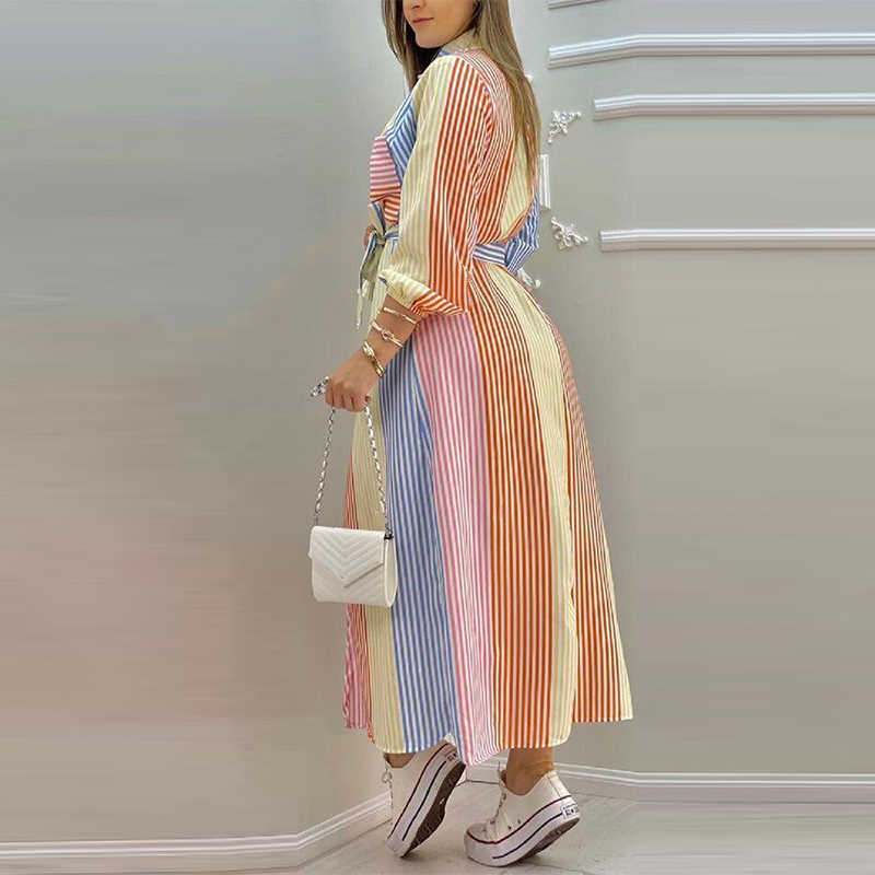 Fashion Women Shirt Dress Long Sleeve Summer Color Stripe Long Dresses Laides Turn-down Collar Loose Sundress Party Dress 210709