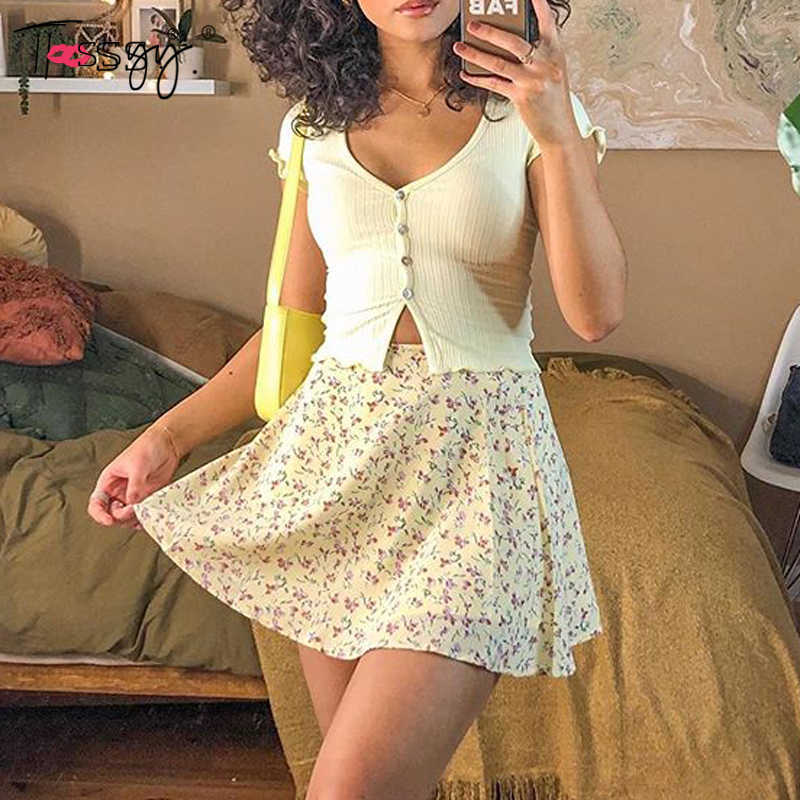 Tossy Boho Floral Print Party Skirt Summer High Waist Pleated Short Beach Sexy Frills Mini s For Women 210619