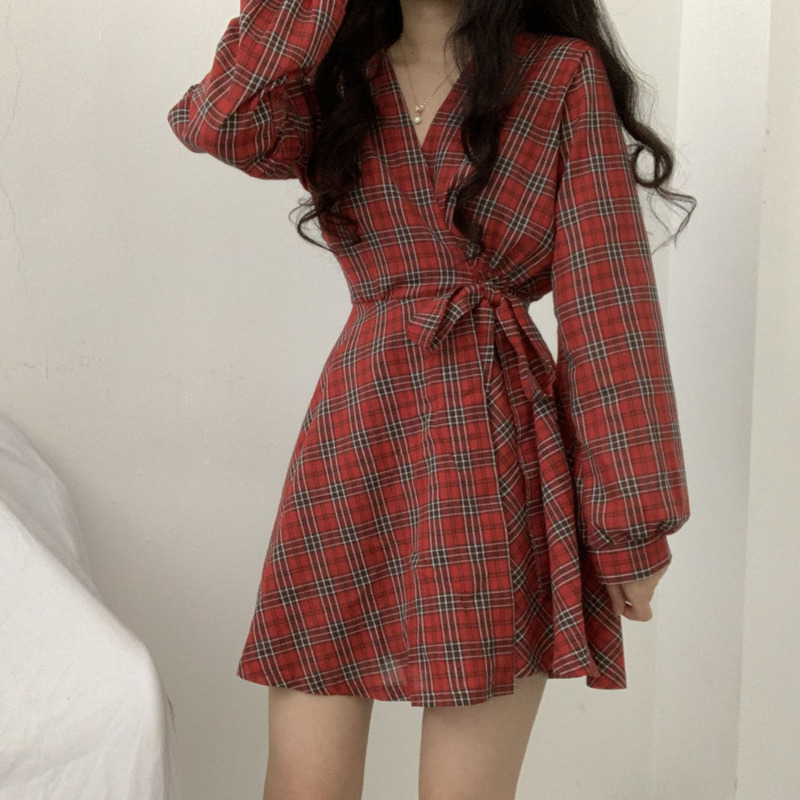 New Autumn Long Sleeve Dress Women Preppy Style Bow Palid V-neck Mini plaid Dresses Korean High Waist Short Dress elegant 210409