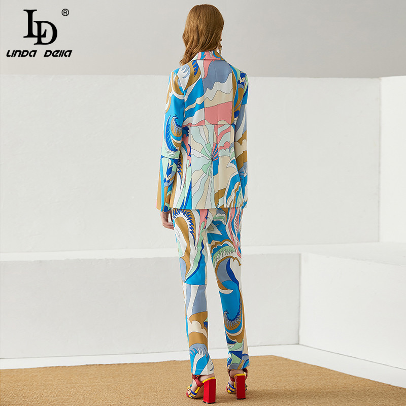 Fashion Runway Autumn Women Shawl Collar Single Button Long jacket Top and Print Full Length Pants 2 Pieces Sets 210522
