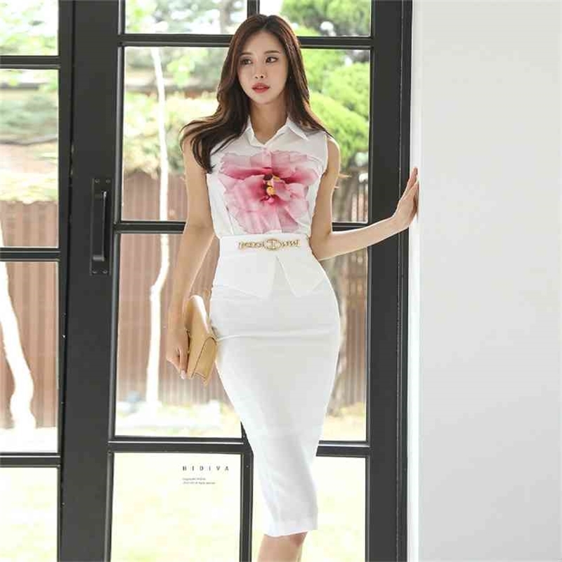 Temperament 2 Piece set Women Summer Flower Print Sleeveless Chiffon Shirt Blouse With High waist Bodycon Pencil Skirt Sets 210602, White
Temperament 2 Piece set Women Summer Flower Print Sleeveless Chiffon Shirt Blouse With High waist Bodycon Pencil Skirt Sets 210602, White