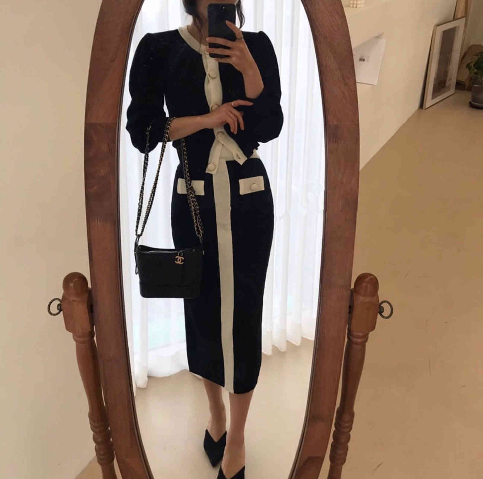 2 Piece Set Women Korean Chic Long Sleeve Single-Breasted Cardigan +High Waist Fashion Colorblock Knitted Skirt Suit 210520