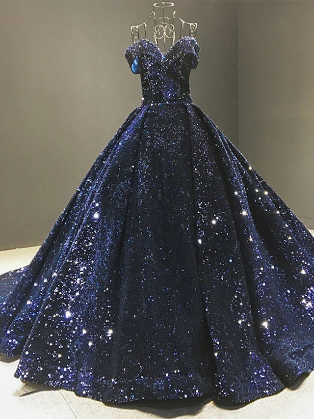 Princess Sequin Ball Gown Wedding Dresses Off Shoulder Court Train Lace Sequined Short Sleeve Formal Shine Bridal Dress New Robe De Mariee Vestidos