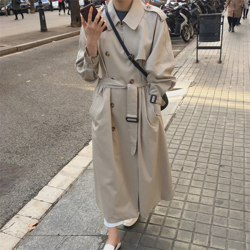 England Classic Long Trench Coat Belt Female Plus Fashion OL Overcoat Slim All Match Loose Slender Lady Windbreaker 210421