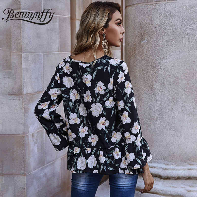 Round Neck Ruffle Hem Women Tops and Blouses Casual Holiday Floral Print Top Spring Flared Sleeve Loose Blouse 210510