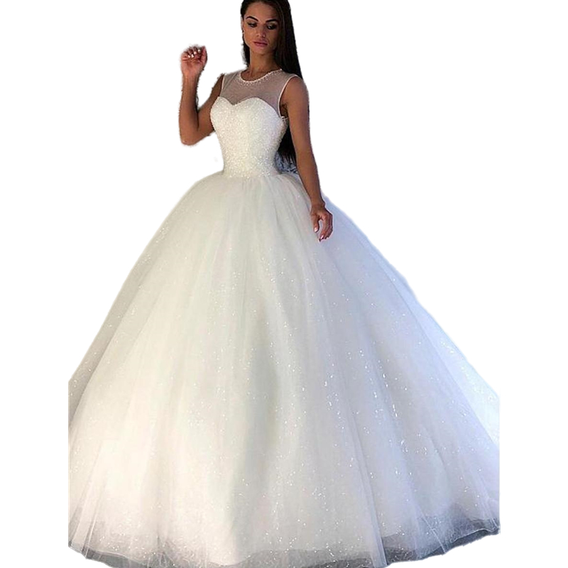 Sparkly Sequins Tulle Ball Gown Wedding Dresses Sleevelss Bridal Gowns With Beadings Jewel Neck Glitter Princess Bride Dress Vestidos de Novia