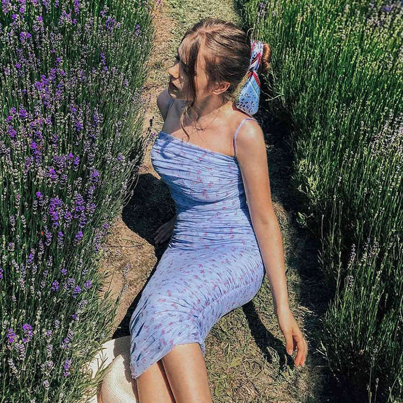 Drapped Tulle Pencil Bodycon Dress Women Strap Sleeveless Shealth Club Party Midi Blue Sexy Floral Boho Summer 210427