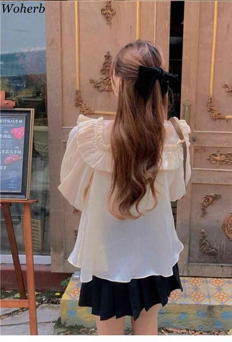 Elegant Glitter Blouse Women Ruffle Patch Turtleneck Long Puff Sleeve Blusas Casual All Match Beading Shirt Chic Top 210519