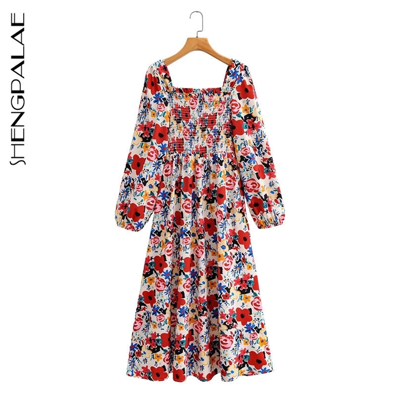 Spring Women Vintage Loose High Waist Slim Was Thin Elegant Square Collar Printing Maxi Dress Female ZA5972 210427