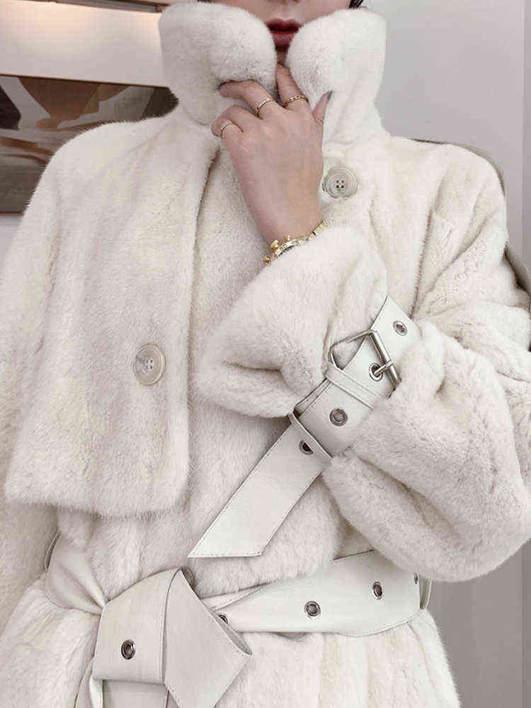 Lautaro Winter Long White Thick Warm Soft Fluffy Faux Mink Fur Trench Coat for Women Double Breasted British Style Fashion 211123