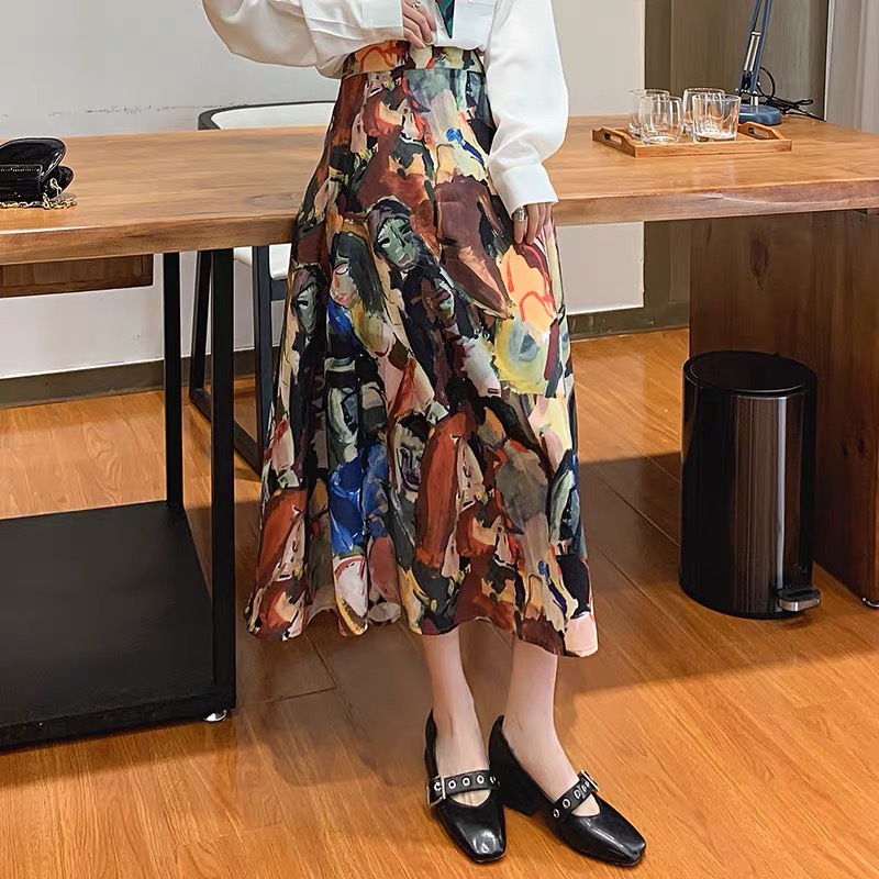 Vintage Painting Print Long Skirts Womens Impressionism High Waist A Line Ladies Midi Sping Summer Clothing 210421