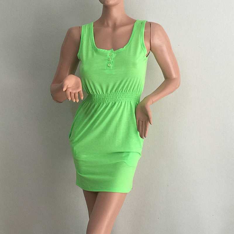 Women Summer Sleeveless Mini Beach Dress Plus Size Club Wear Knee Length Bodycon Cotton Solid Short Dress 210630