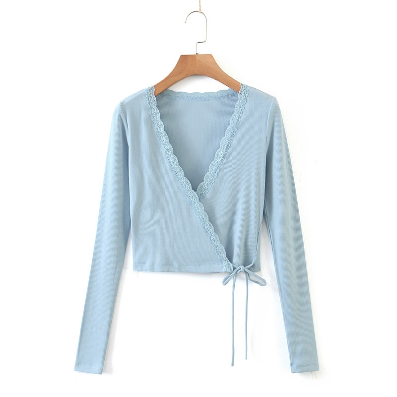 Vintage Spliced Lace Cross V neck Tie Bow Rib Crop Cardigan Women Elegant Hem Bandage Sweater Long sleeve Short Jumper 210429