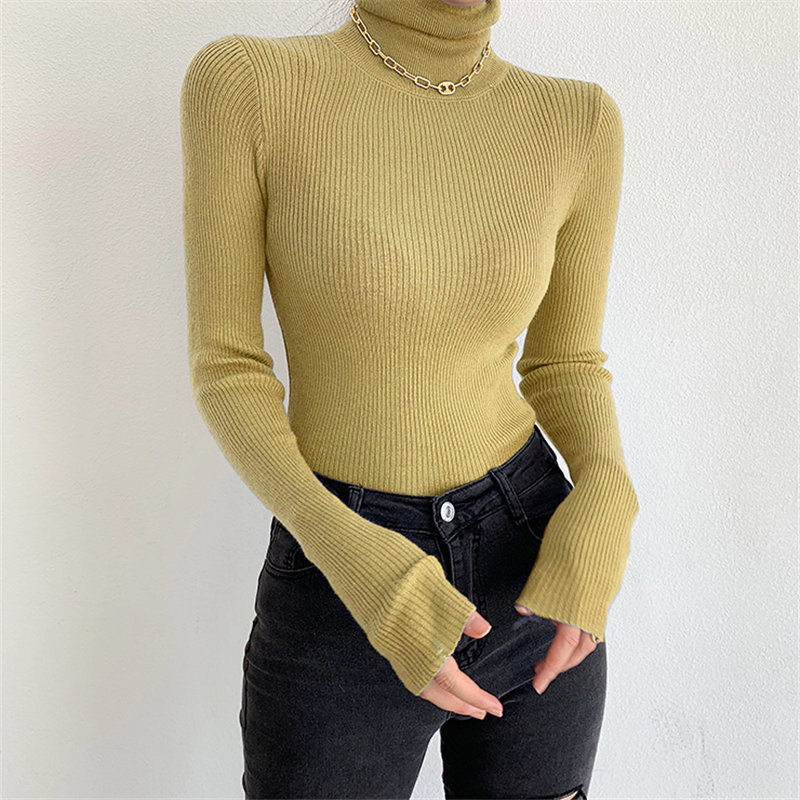 Pullovers Turtleneck Knitted Vintage Basic Slim Office Lady Tops Elegant High Quality Solid Streetwear Sweaters 210421