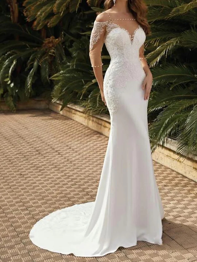 Sexy See-Through Mermaid Wedding Dresses Square Pearls Sweep Train Lace Satin Tulle Half Sleeve Bridal Gown Vestidos De Novia Custom Made 2022
