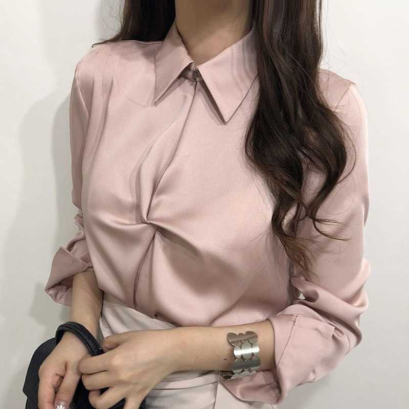 Sexy Twisted V-neck Women Satin Blouse Causal Solid Long Sleeve Elegant Shirt Spring Blusas Mujer 6G483 210603