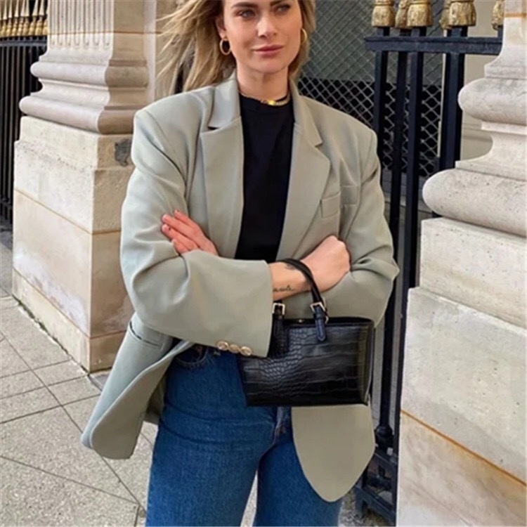 Autumn grass GREEN 2 Buttons Loose Blazer Boyfriend friend Free style Women Mid Long Suit Coat CHIC Fashion Femme 210429