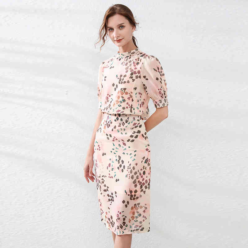 Elegant 2 Pieces Set Chiffon Flowers Print Bow Back Sweet Blouse + High Waist Midi Skirt Spring Office Ladies Women Suit 210519